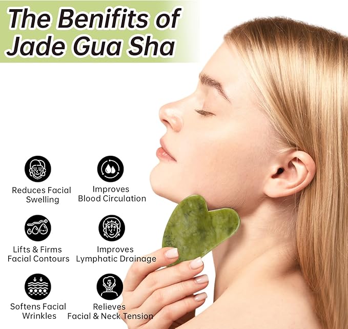 Jade Gua Sha and Face Roller, Real Jade Gua-Sha Stone Facial Tools Set for Reduce Puffiness, Body Guasha Tool for Relieve Neck Tension, Skincare Beauty Massager as Present for Women, Green