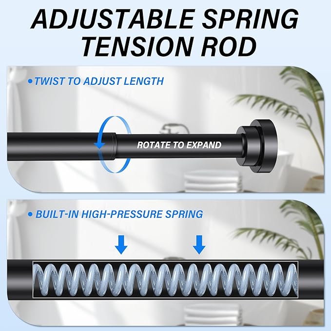 Suranew 25-38" Black Heavy Duty Spring Tension Shower Curtain Rod, No Drill Stainless Steel Rust-Resistant Adjustable Bathroom/Closet Rod with Non-Slip Pads