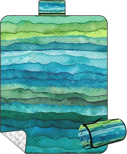 Waterproof Picnic Outdoor Blanket, 79" x 59" Sandproof Foldable Large Picnic Blanket for Beach, Camping, Park, Travel, Concert, Great Gift for Families and Couples (Green Waves)