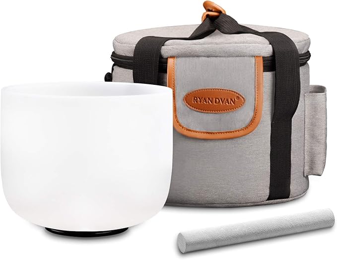 RYAN DVAN 8” G Note Frosted Throat Chakra Crystal Singing Bowl with Free Heavy-Duty Carrying Case and Suede Striker O-Ring