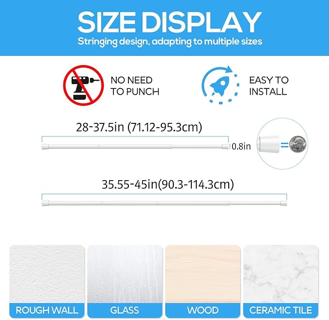 1 Pack Spring Tension Rods 28-45 Inches, 5/8 Inch Diameter White No Drill Spring Loaded Adjustable Extendable, Small Short Tension Curtain Rod for Windows Kitchen Doorway Closet Cupboard