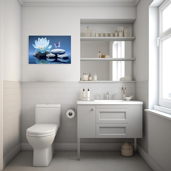 ARTZGX Blue Zen Wall Art Lotus Flower Canvas Spa Stone Pictures for Bathroom Wall Decor Meditation Butterfly Painting Frame(Zen - A 16.00" x 24.00")