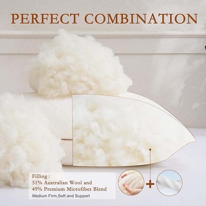 YOUR MOON Organic Wool Pillow Queen Size, Soft Breathable Support Bed Pillows for Sleeping, Luxury Down Alternative Pillow for Side & Back Sleepers, 100% Cotton Cover, Natural Wool Filling (Off White)