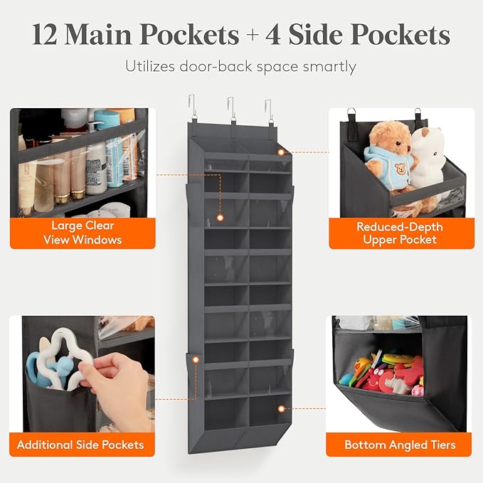 Lifewit 1 Pack Over the Door Organizer, 12 Section Clear Window Hanging Storage with 4 Side Pockets, Sturdy Anti Tilt 40 lbs Load Behind Door for Closet, Bedroom, Bathroom, Nursery, Dorm, Gray