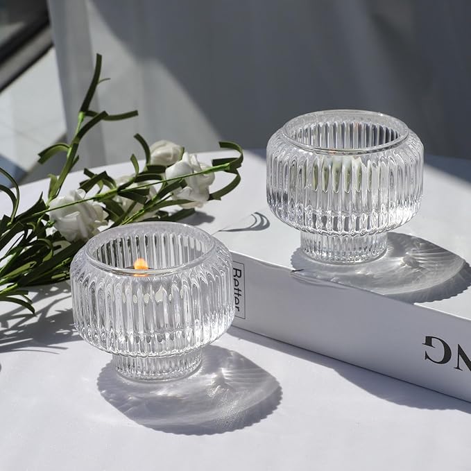 Woho Candle Stick Candle Holder Set of 4, Clear Taper Candle Holders for Wedding Table Centerpiece, Ribbed Glass Votive Candle Holders for Christmas Party Home Decor