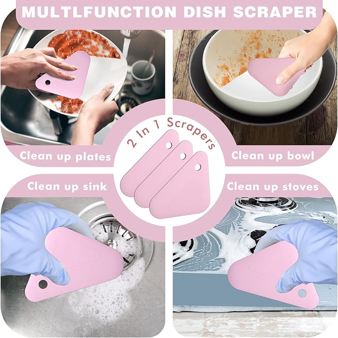 Food Scraper, 2-in-1 Pot and Pan Dish Scraper, Nylon and Silicone, Kitchen Scraper Tools for Cast Iron Skillets, Cookware, Dishes, Pans and Pots, Heat Resistant, Set of 3 - Pink