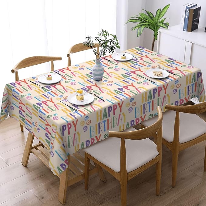 VIMPEYDON Happy Birthday Colorful Table Cloth for Dining Tables, Reusable Watercolor Happy Birthday Tablecloths Holiday Beige Tabletop Decoration Rectangle Table Cover for Kitchen, Party, Picnic, 54x72In