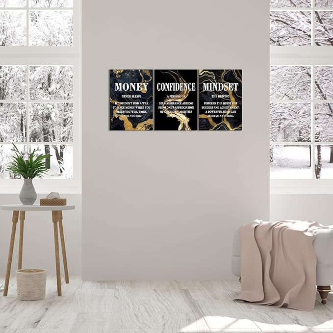KAWAHONE- Money Never Sleeps, Motivational Canvas Wall Art,Inspirational Poster, Confidence Mindset Wall Decor Framed Inspirational Entrepreneurs Painting Prints Quotes Poster for Office Workplace Ready to Hang