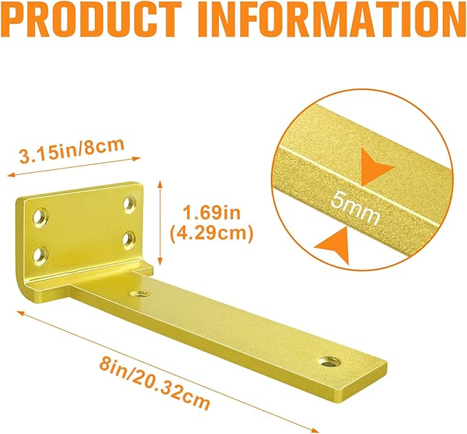 Floating Shelf Brackets 8 inch 6 Pack L Brackets for Shelves Gold Metal Heavy Duty Shelf Bracket for DIY Decorative with Mounting Hardware