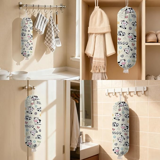 Cow Plastic Bag Holder Dispenser, Plastic Grocery Bag Organizer & Wall Mount Paper Trash Bags Saver Storage for Kitchen Home Pantry Decor, Cute Cow Shopping Bags Storage Dispenser