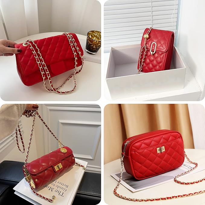 Gold Purse Chain, 4 Sizes Replacement DIY Bag Strap - Leather Metal Braided - Red/Gold (15.4 Inch, 23.6 Inch, 31.4 Inch, 47.2 Inch)