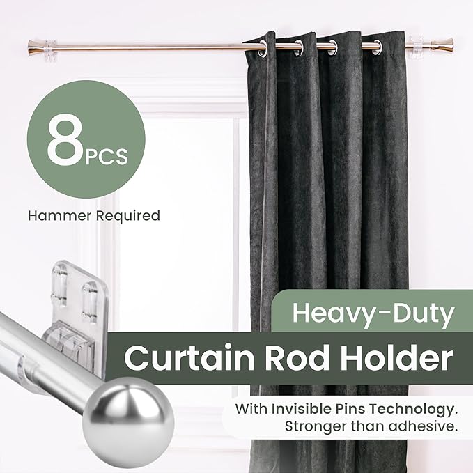 No Adhesive Heavy Duty Curtain Rod Holders with Wide Hook, 5X Stronger Than Adhesive Curtain Rod Hooks,Tension Curtain Rod Bracket for Wall with Pin Guide, Curtain Wall Mount (8 Pack, for 1.25" Rods)