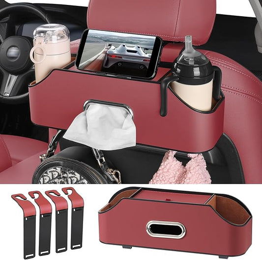 Sancaral Car Rear Backseat Extra Multifunctional Drink Cup Holder Organizers with Tissue Storage Box Organizer & Hooks for Car Seat Back. Red