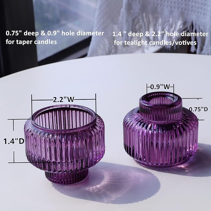 Woho Purple Candlestick Holders Set of 4 for Halloween Decorations, Ribbed Glass Taper Candle Holders for Thanksgiving/Christmas, Vintage Candle Sticks Holder Decor for Fall Wedding Table Centerpiece