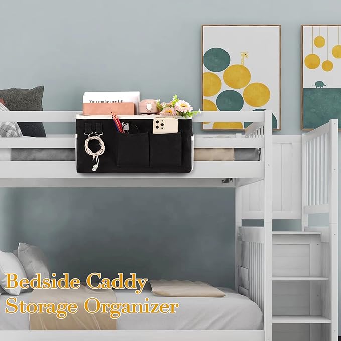 Ozzptuu Bedside Storage Caddy/Bedside Hanging Storage Bag for Headboards, Bunk Beds, Dorm Rooms - Book, Phone, Magazine Holder (Black)