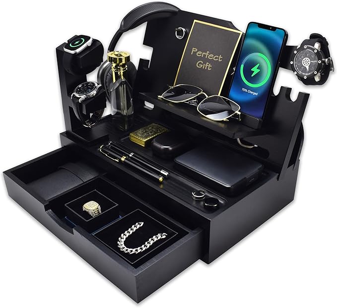 Nightstand Organizer for Men with Large Drawer, Birthday Gifts for Men Father Husband, Wood Phone Docking Station, Bedside Organizer for Nightstand Office for Apple Watch, Laptop (Black)