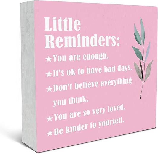 SRADMO Inspirational Little Reminders Wood Box Sign Desk Decor, Inspirational Desk Decor, College Motivational Positive Affirmation Gifts Box Sign For Office Home Dorm Tabletop Decoration(Pink)