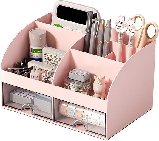 Desk Organizer with 6 Compartments and 2 Drawers, Plastic Makeup Organizer, Pen Holder for Desktop Storage, Desk Organization for School, Home, Office Supplies (Pink)