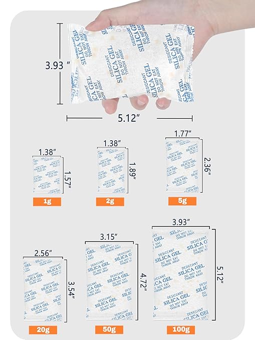 20 Gram (50 Pack) Color-Indicating Silica Gel Packets, Premium Food Grade Desiccant - Rechargeable Moisture Absorbers for Food Storage, Electronics, 3D Filament & Safes