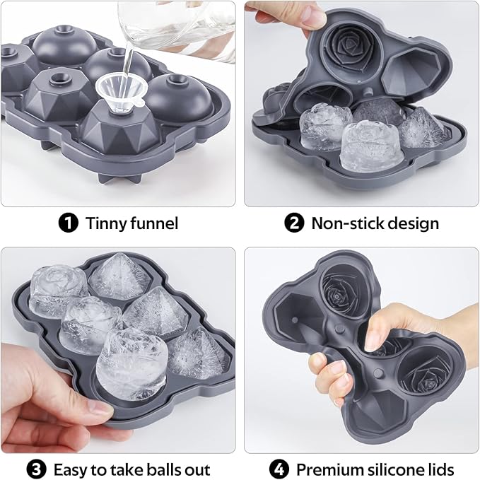 Ice Cube Tray, Mikiwon 2 inch Rose Ice Cube Trays With Covers, 3 Cavity Silicone Rose Ice Tray & 3 Diamond Ice Ball Maker, Easy Release Large Ice Cube Form for Chilled Cocktails, Whiskey Juice