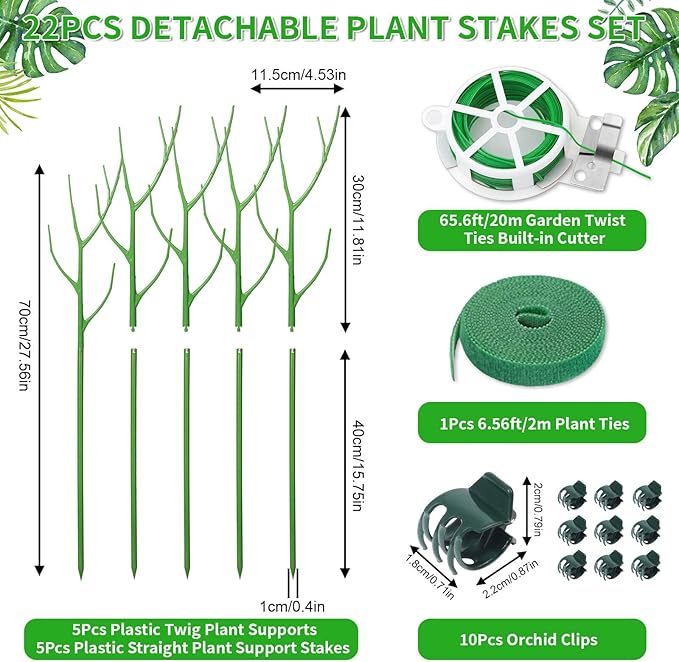 ROADPLUM 5 Pack 27.56" Detachable Twig Plant Support Stakes Set, Blends in to Plant, Branch Plant Sticks with Orchid Clips Twist Plant Ties, Twig Trellis for Indoor Outdoor Plants Potted Plants Flower