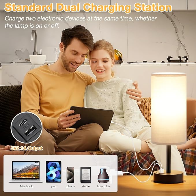 Grey Touch Bedside Lamp with USB - 3 Way Dimmable Table Lamp for Bedroom, Nightstand Lamp with Black Charging Station for Desk Dorm, Office, Boy Kids Room, Small