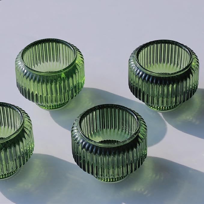 Woho Green Taper Candle Holders Set of 8 for Christmas Party Decor, Reversible Candle Sticks Holder Decor for Wedding Table Centerpiece, Vintage Ribbed Glass Candlestick Holders for Home Decor