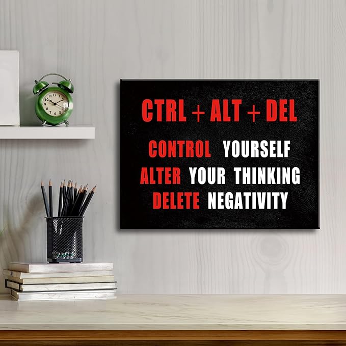 Pyradecor Black Red and White Motivational CTRL+ALT+DEL Classroom Positive Quotes Inspirational Poster Canvas Prints Wall Art for Office Living Room Home Decorations