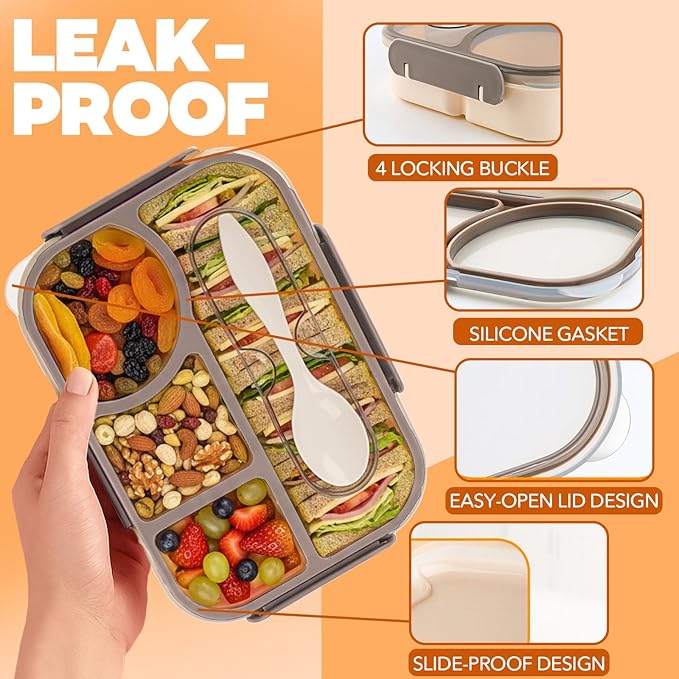 Bento Box for Adults,4 Compartments Lunch Box, Snack Containers Reusable Lunch Containers Drop-Proof, Dishwasher Safe & Made with BPA-Free Materials, Beige