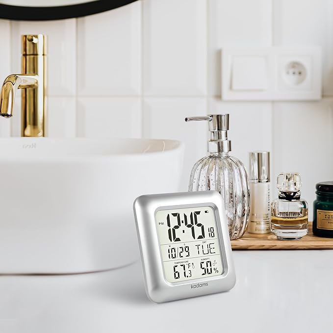 KADAMS Bathroom Clock 9.5" Kitchen Wall Clock with Large LCD Screen – Shower Clock with Suction Cup,Temperature, Humidity, Calendar – Water-Resistant, 4 Mounting Options, Silver