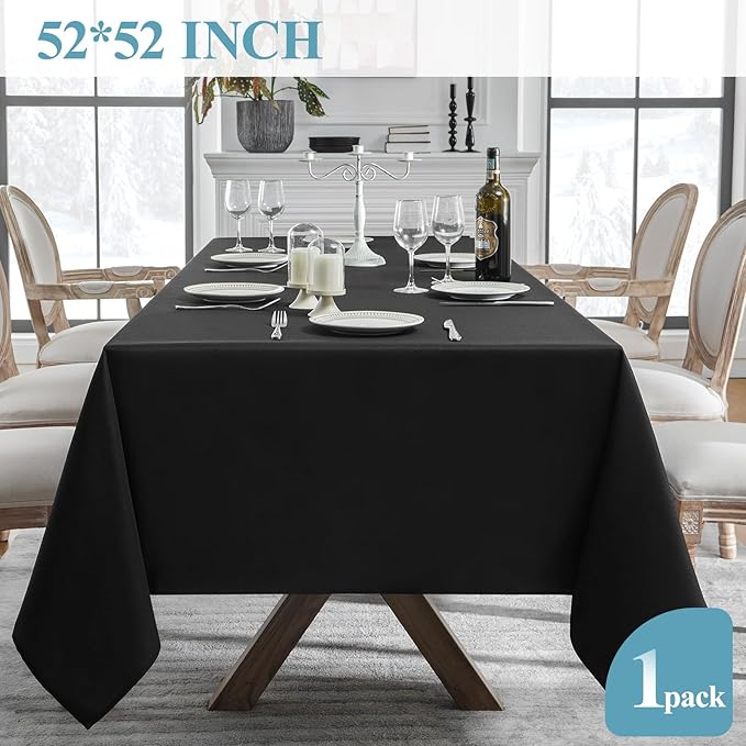 VidaFete 1 Pack Square Tablecloth 52 x 52 Inch Tablecloths Stain Wrinkle Resistant Polyester Dining Table Cover for Kitchen Dining Party Wedding Rectangular Tabletop Buffet Decoration(Black)