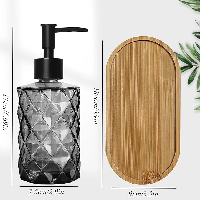 2PCS Black Glass Diamond Soap Dispenser Set, 12 oz, 2 Pack, Reusable, Refillable, Eco-Friendly, Clear, Tray & Plastic Pump, Kitchen, Bathroom