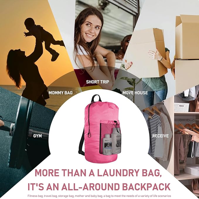 iaodia Laundry Bag Backpack Large Travel Laundry Bag with Adjustable Shoulder Straps Portable Laundry Hamper for College, Dorm, Apartment Camp