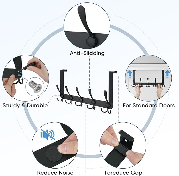 TICONN Over The Door Hooks, 5 Heavy Duty Tri Coat Rack All Metal Coat Hanger for Bathroom Bedroom Dorm (Matte Black, 2PK, Fit 1-3/8" Doors)