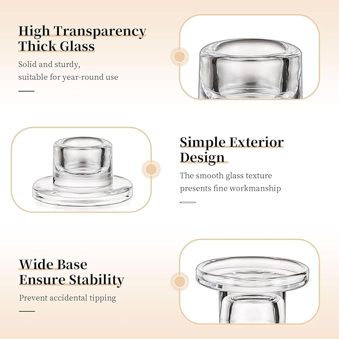 Glasseam Glass Tapered Candlestick Holders: 20Pcs Small Taper Candle Holders Bulk Short Candle Stick Candle Holder Clear Modern Candle Holder for Table Centerpiece Wedding Christmas Dining Party Decor