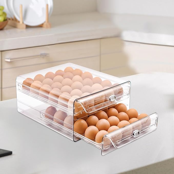 MFBJXC Egg Holder for Refrigerator,60 Eggs Clear Drawer Organizer,2 Layer Stackable Egg Holder Egg Trays,Egg Storage Container with Time Scale for Fridge Countertop Cabinet