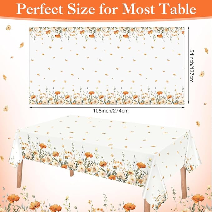 Ganeen 3 Pcs Fall Floral Tablecloth Disposable Plastic Table Covers Watercolor Wildflower Table Cover Waterproof Tablecloths for Autumn Birthday Wedding Party Decor, 54 x 108 Inch