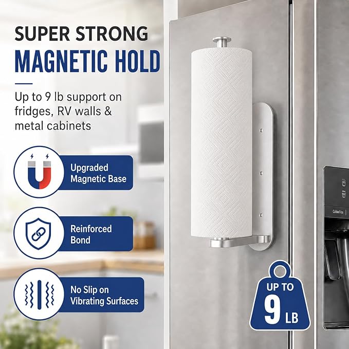 Magnetic Paper Towel Holder for Fridge-Great Adhesive Magnetic,One Hand Operable Paper Towel Holder,No Drill Wall Mount Hanging for Garage RV Kitchen (Silver)