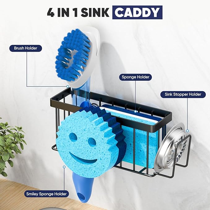 Sponge Holder for Kitchen Sink, Sink Caddy Smiley Face, 4-in-1 Sponge Holder with Suction Cups & 1 PC Adhesive Strip for Holding Soap, Brush, Scrubber, Sponge, Stopper - Black