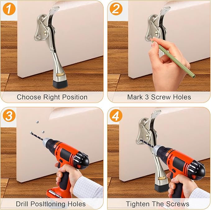 Kickdown Door Stopper 4 Inches - 2 Packs One Touch Adjustable Height Door Stop for The Bottom of Door Aluminum Alloy Metal Door Stopper with Rubber Tip & Wall Protectors for Wide Doors White