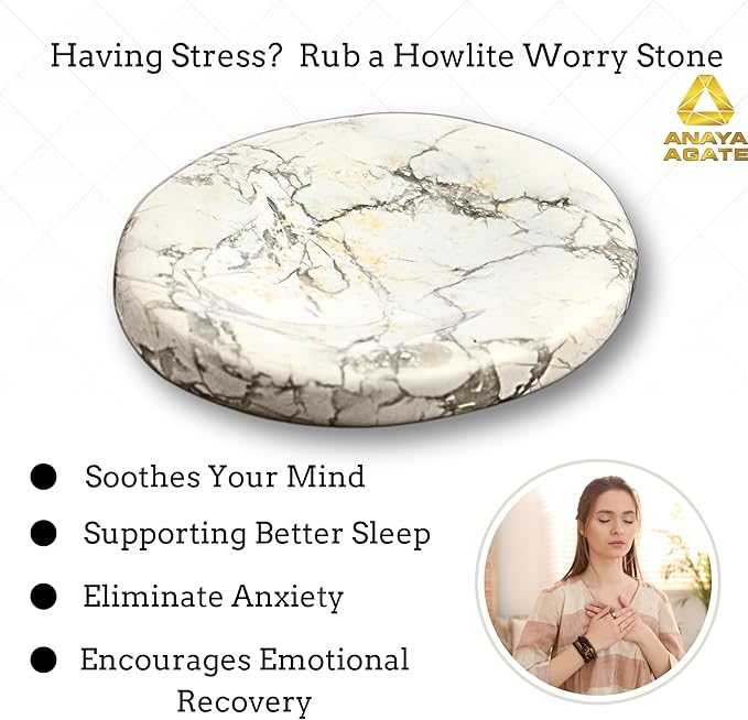 Howlite Worry Stone – Crystal Thumb Worry Stones for Anguish, Stress – Relaxing and Soothing Balance Stones for Meditation, Stress Relief – Healing Stones and Crystals for Men and Women