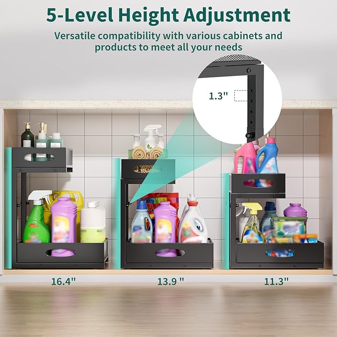 Beleeb Under Sink Organizer, Extra-Wide Upgrade, 2-Pack of 2-Tier Metal Slide Out Cabinet Organizer, Height Adjustable Organization and Storage Series, Bathroom/Cabinet/Kitchen Organization, Black