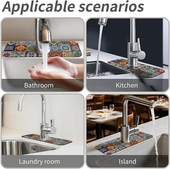 Kitchen Sink Splash Guard，Colorful Mexican tile Faucet Mat Sink Gadgets-Super Absorbent Fast Drying Mat Drip Catcher for Kitchen, Bathroom,Sink Mat, Dish Drying Mat, Bathroom(15" X 5.5" )