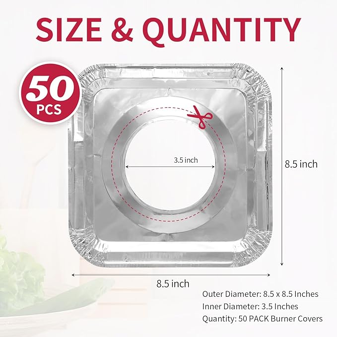50pc Aluminum Gas Stove Burner Covers -Thicker Foil Square Burner Liners - Disposable Gas Range Protectors, 50 Pack（Outer diameter: 8.5 x 8.5 inch）