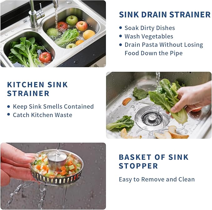3-in-1 Kitchen Sink Drain Strainer & Sink Stopper 2 Pack - 304 Stainless Steel Sink Drain Strainer, Pop-Up Anti-Clog Design, Fits Standard 3-1/2'' Sink Drains