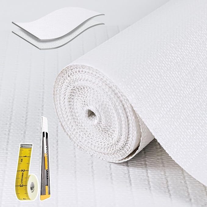 Shelf Liners for Kitchen Cabinets Non Adhesive Drawer Liner 23.6in x 30FT Pure White Thickened Shelf Liner Strong Non-Slip Easy to Clean for Tool Box Refrigerator with Knife and Tape Measure