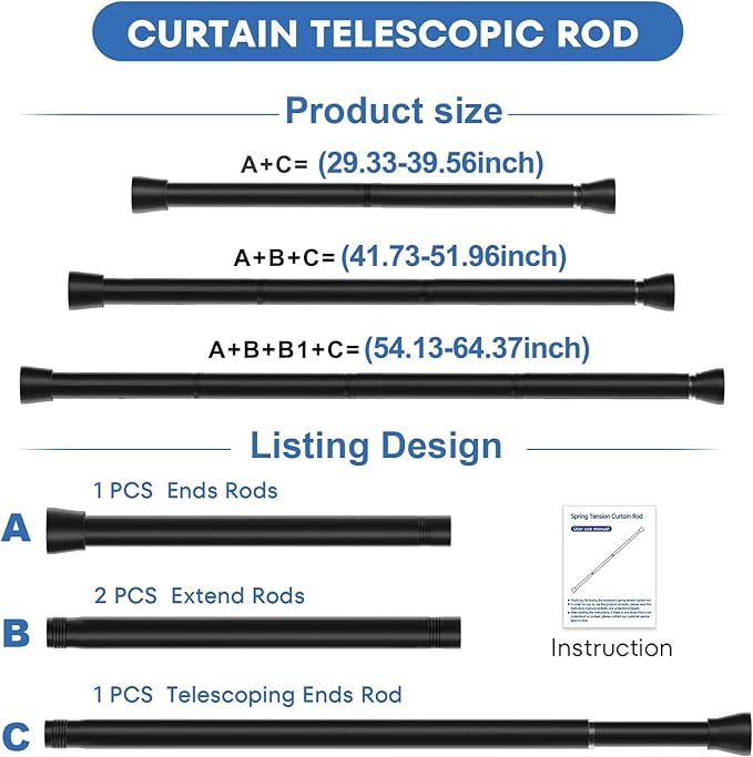 Shower Curtain Rod 2 Pack Adjustable Curtain Rods 30-64 Inch Black Shower Curtain Rods no Drilling Expandable Tension Spring Rod for Bathroom Closet Doorway Door