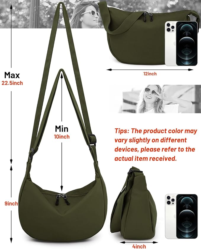 Crossbody Sling Bag for Women Men Trendy, Crescent Bag with Adjustable Strap, 2 Zippers Lightweight