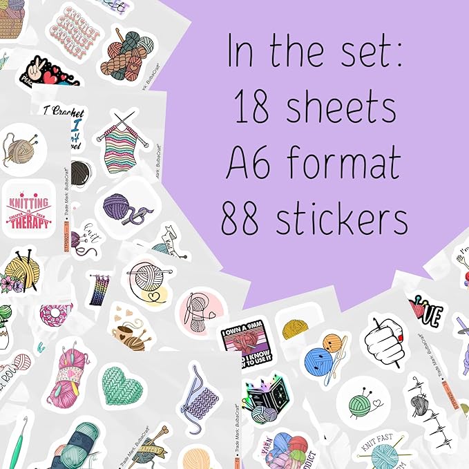 BulbaCraft 100Pcs Crochet Stickers and Knitting Stickers for Water Bottle and Laptop - Waterproof Vinyl Yarn Decals Laptop Decals, Gifts for Women & Men
