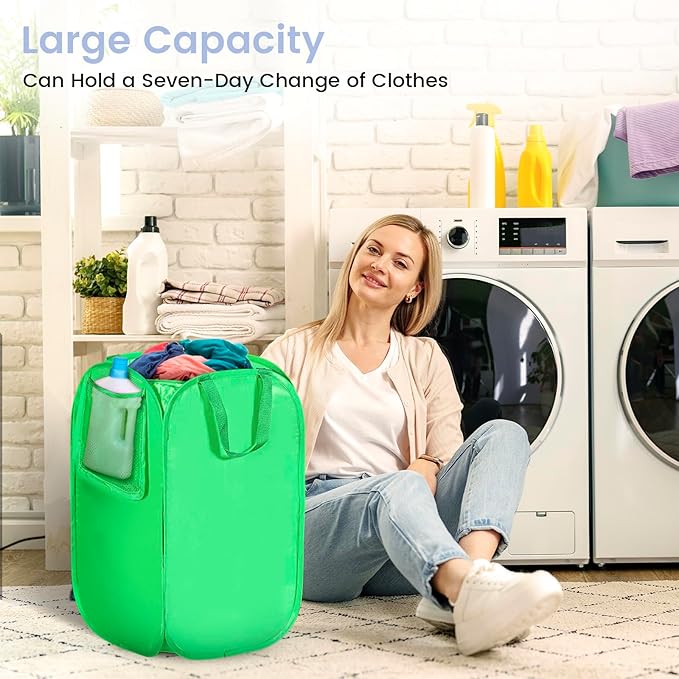 HOUSE AGAIN Upgraded Pop-up Laundry Hamper, Collapsible Laundry Basket with Durable Handles, Solid Bottom, High Steel Frame, Portable Foldable Dirty Clothes Hamper for Dorm, Laundry Room, Travel, Green